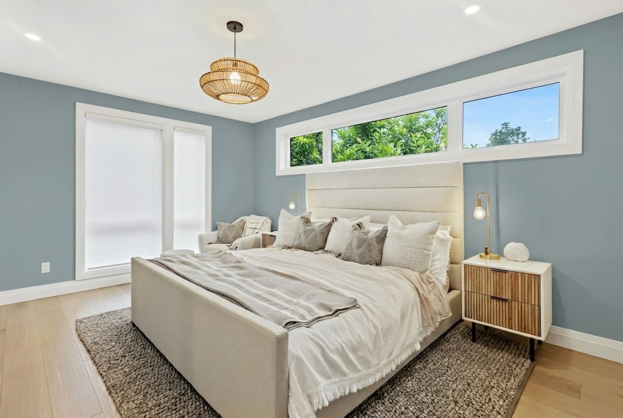 Room with walls painted in Water's Edge 1635 by Benjamin Moore