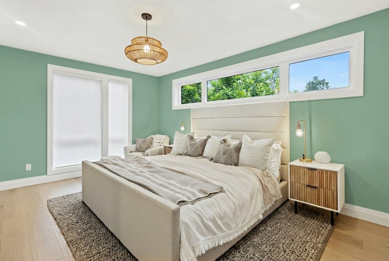 Room with walls painted in Arsenic 214 by Farrow & Ball