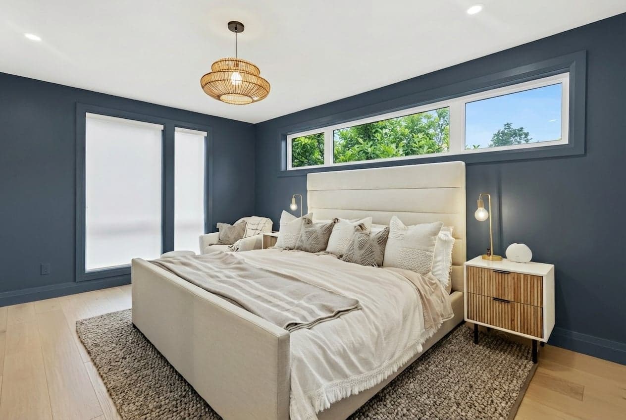 Room with walls painted in Naval SW-6244 by Sherwin-Williams
