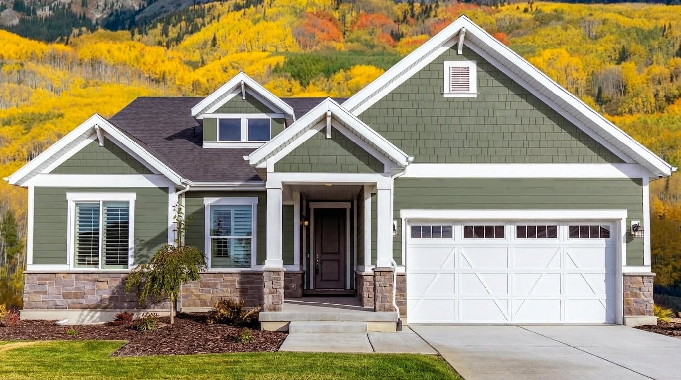 House with siding painted in Sage Green ICC-77 by Behr