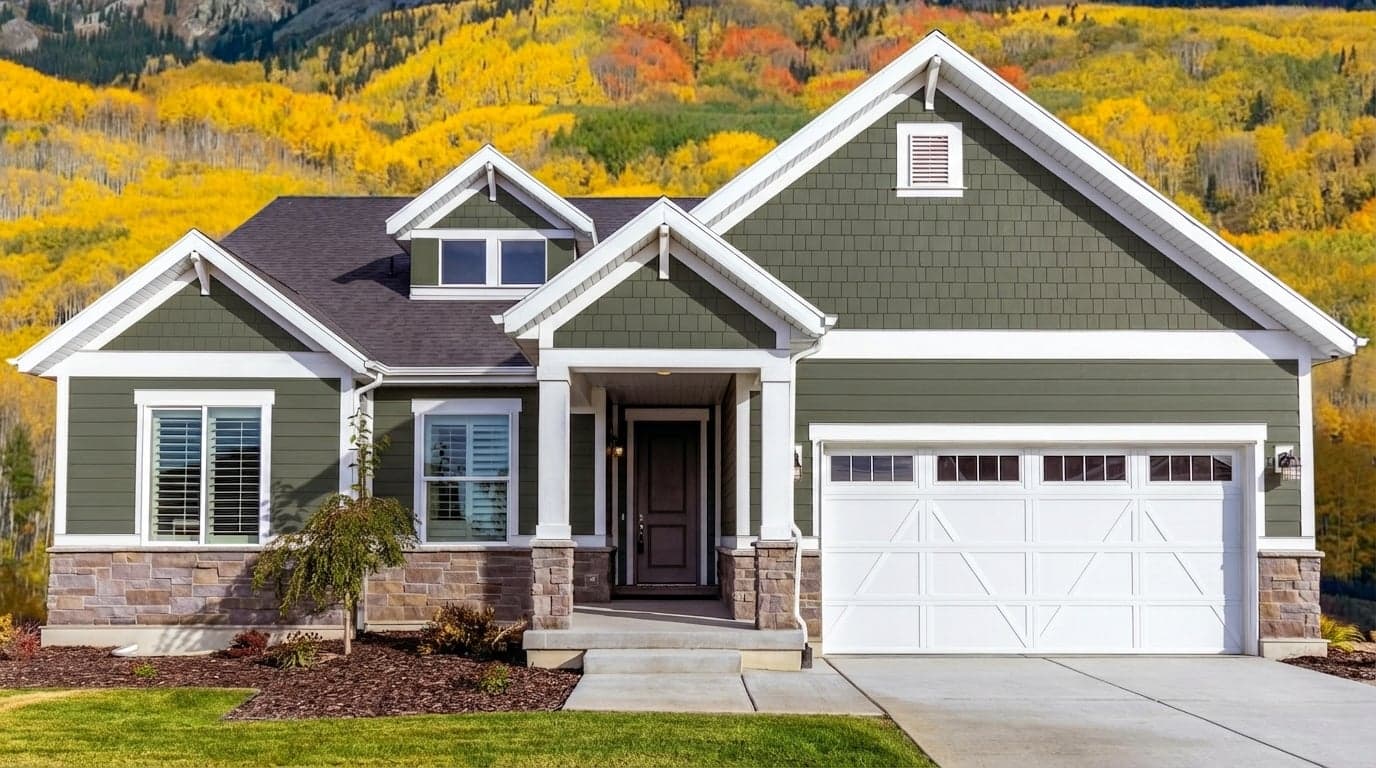House with siding painted in Dark Olive 2140-30 by Benjamin Moore