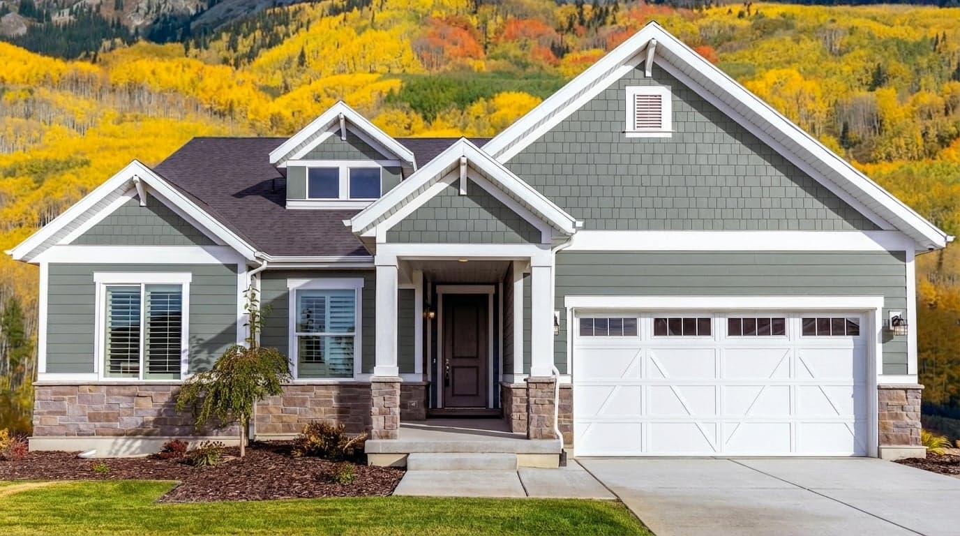 House with siding painted in Intrigue 1580 by Benjamin Moore