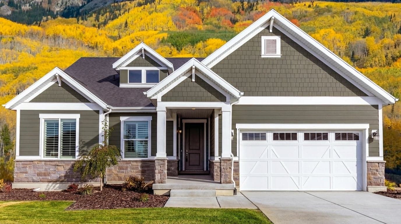 House with siding painted in Cardamom CB5 by Farrow & Ball