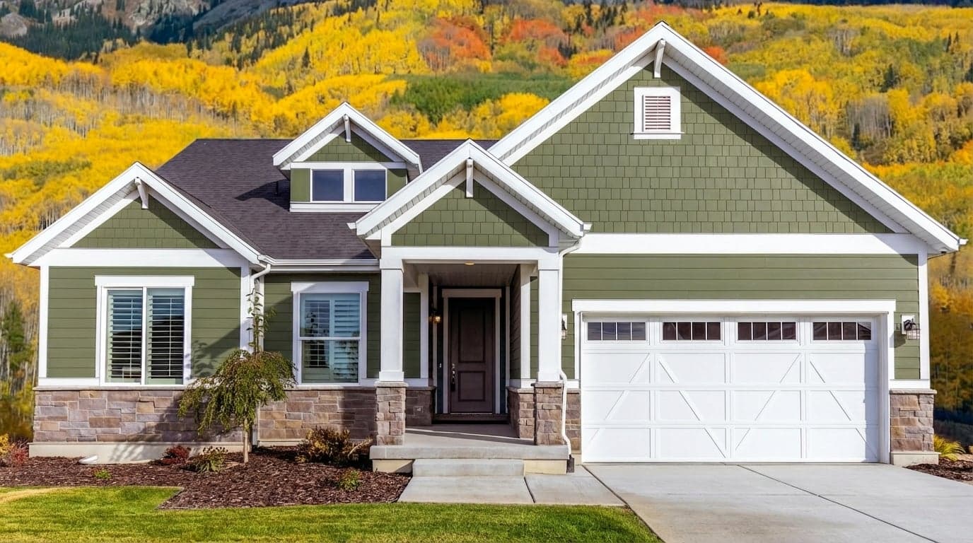 House with siding painted in Sap Green W56 by Farrow & Ball