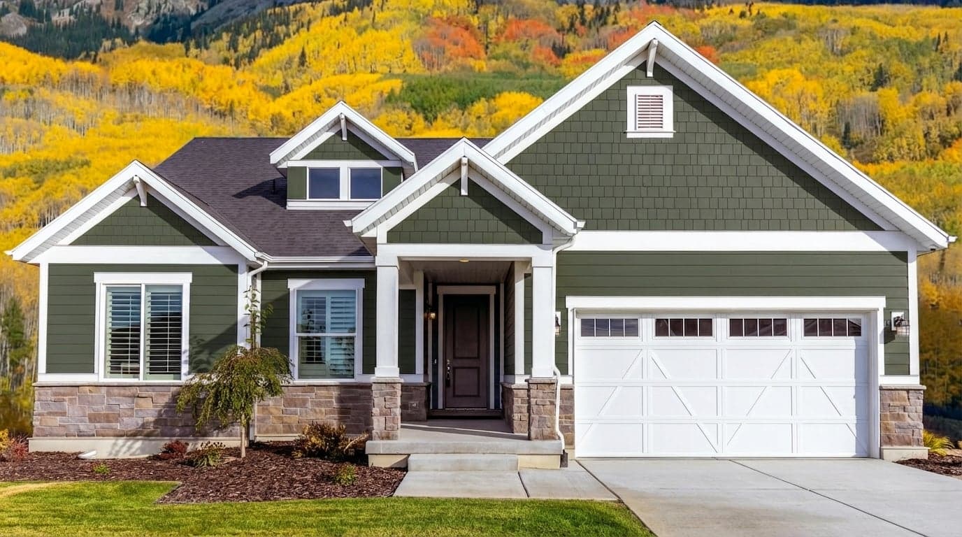 House with siding painted in Ripe Olive SW-6209 by Sherwin-Williams