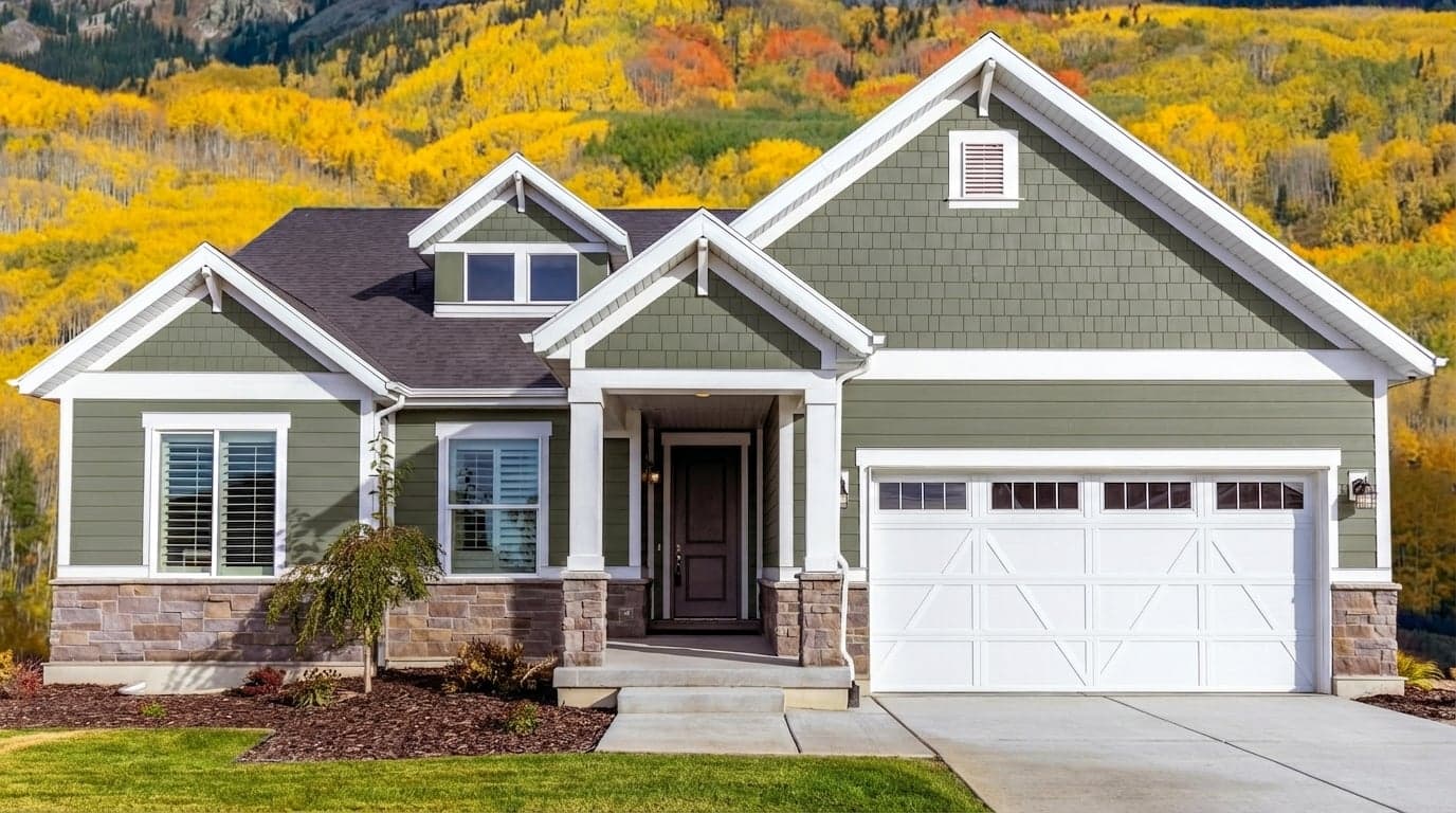 House with siding painted in Warm Eucalyptus 8004-28F by Valspar