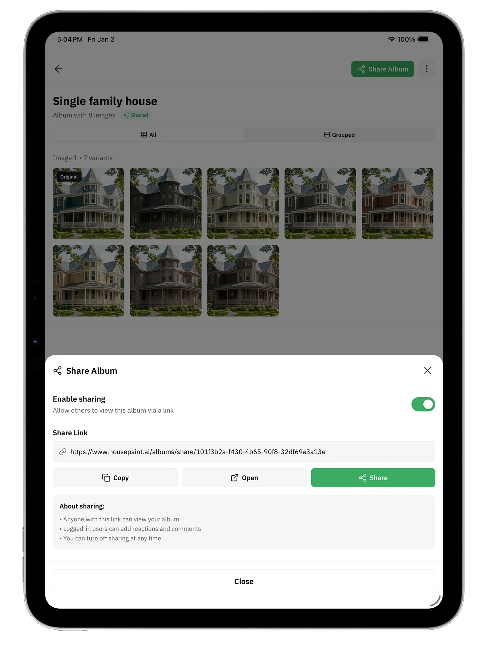 Housepaint AI on iPad - Share albums with anyone
