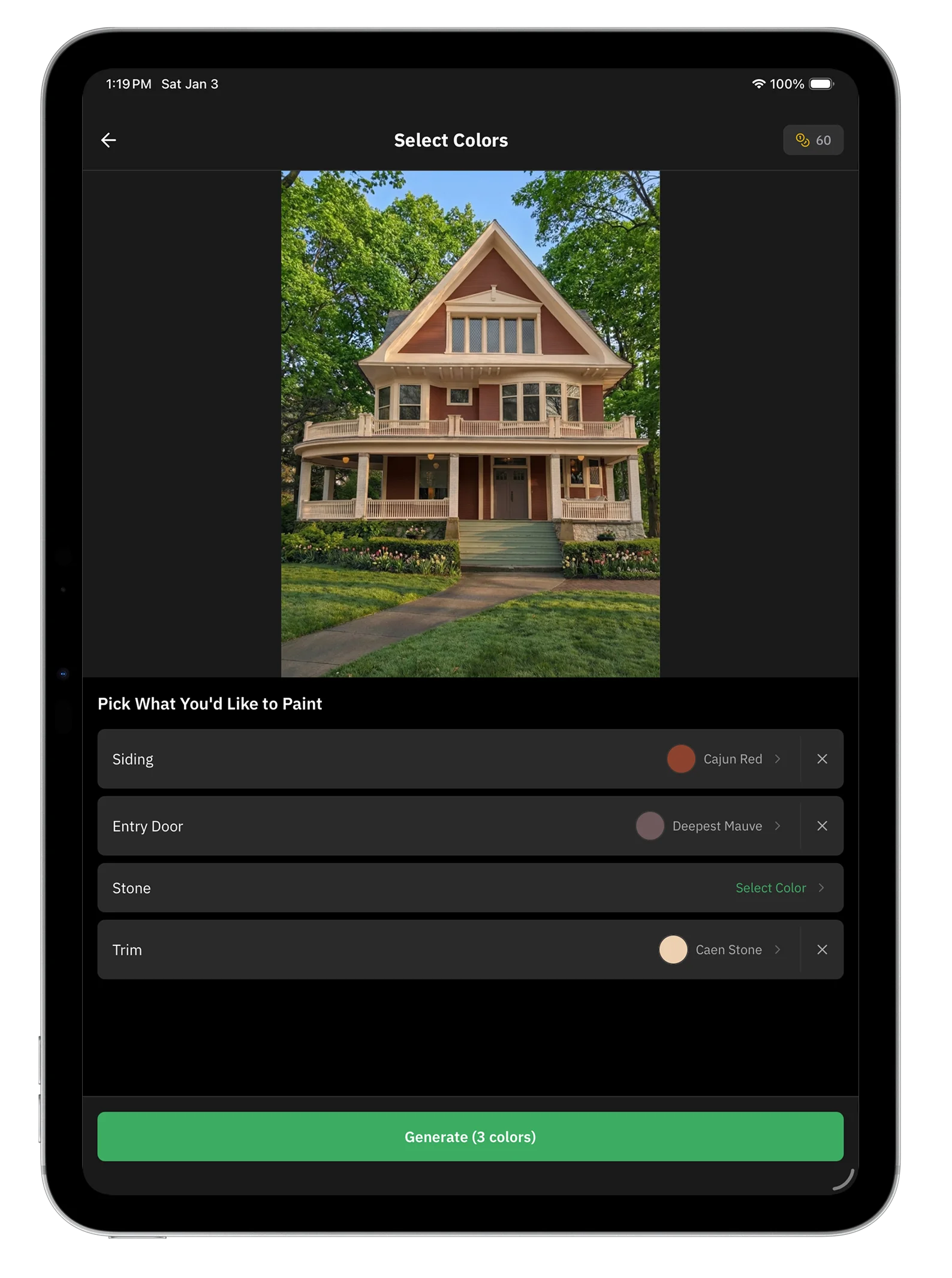 Housepaint AI on iPad - Select colors to apply
