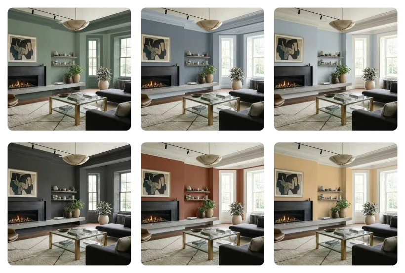 AI paint color visualization showing multiple interior color options