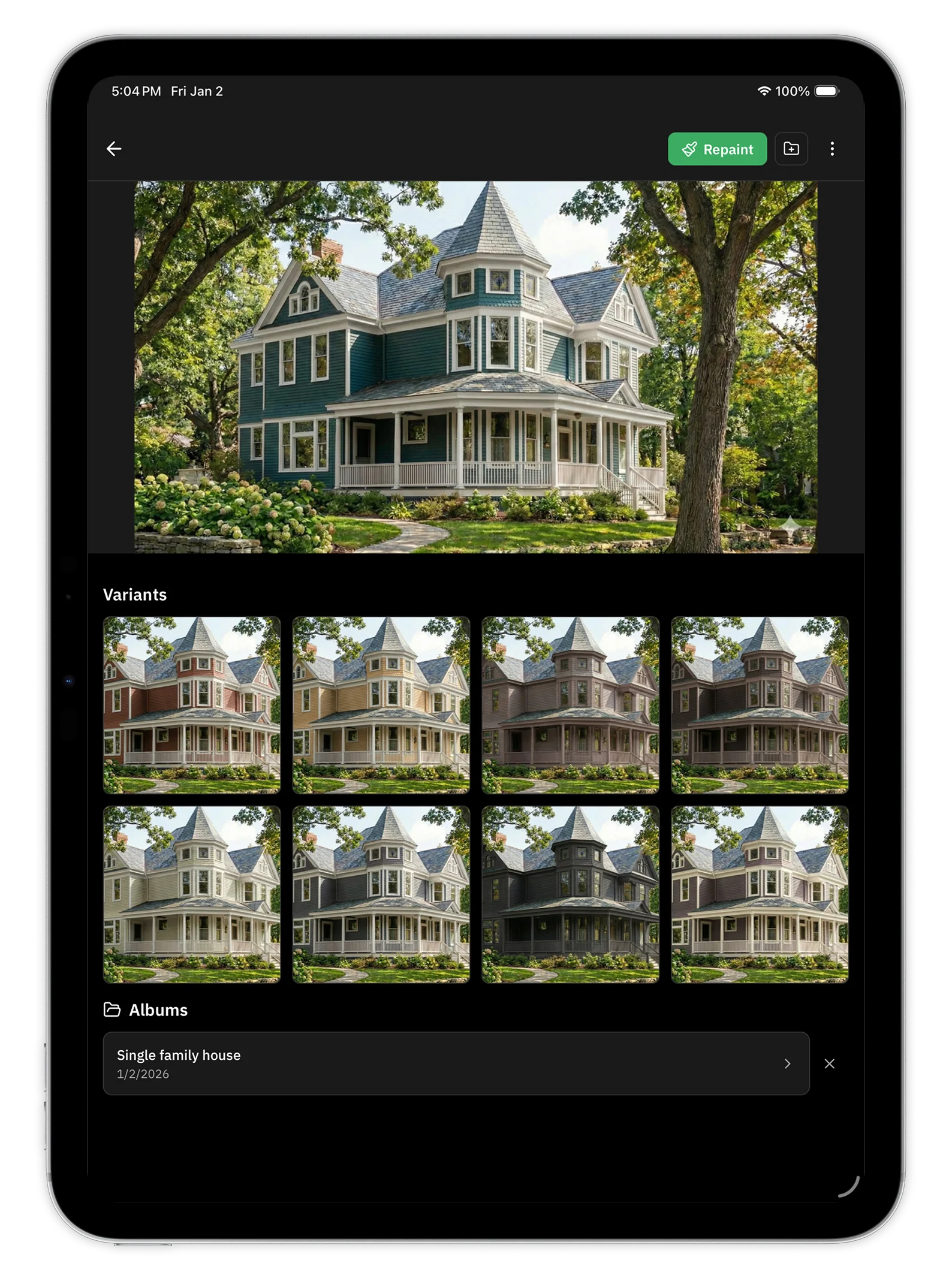 Housepaint AI on iPad - Exterior with color variants