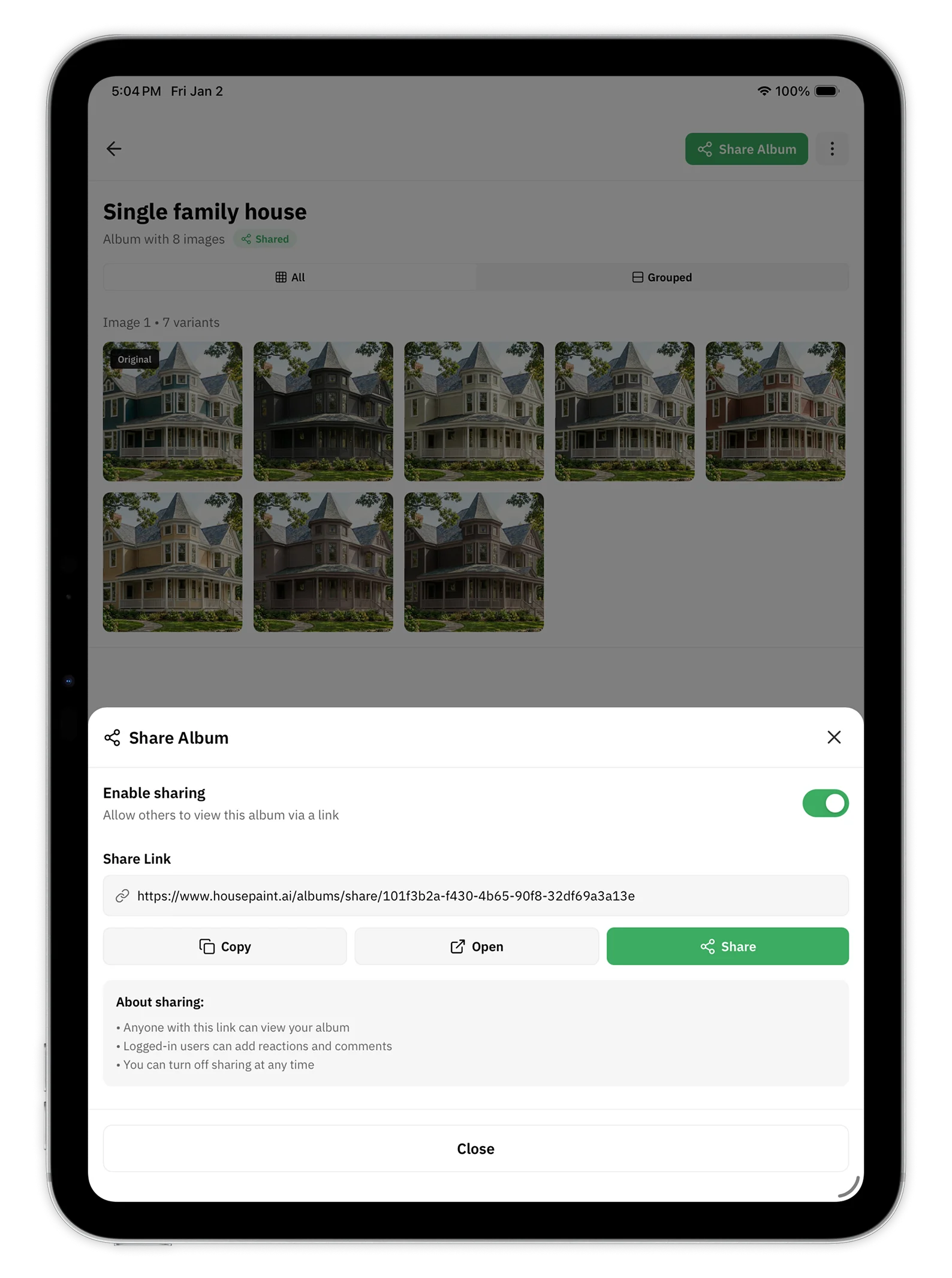 Housepaint AI on iPad - Share albums with anyone