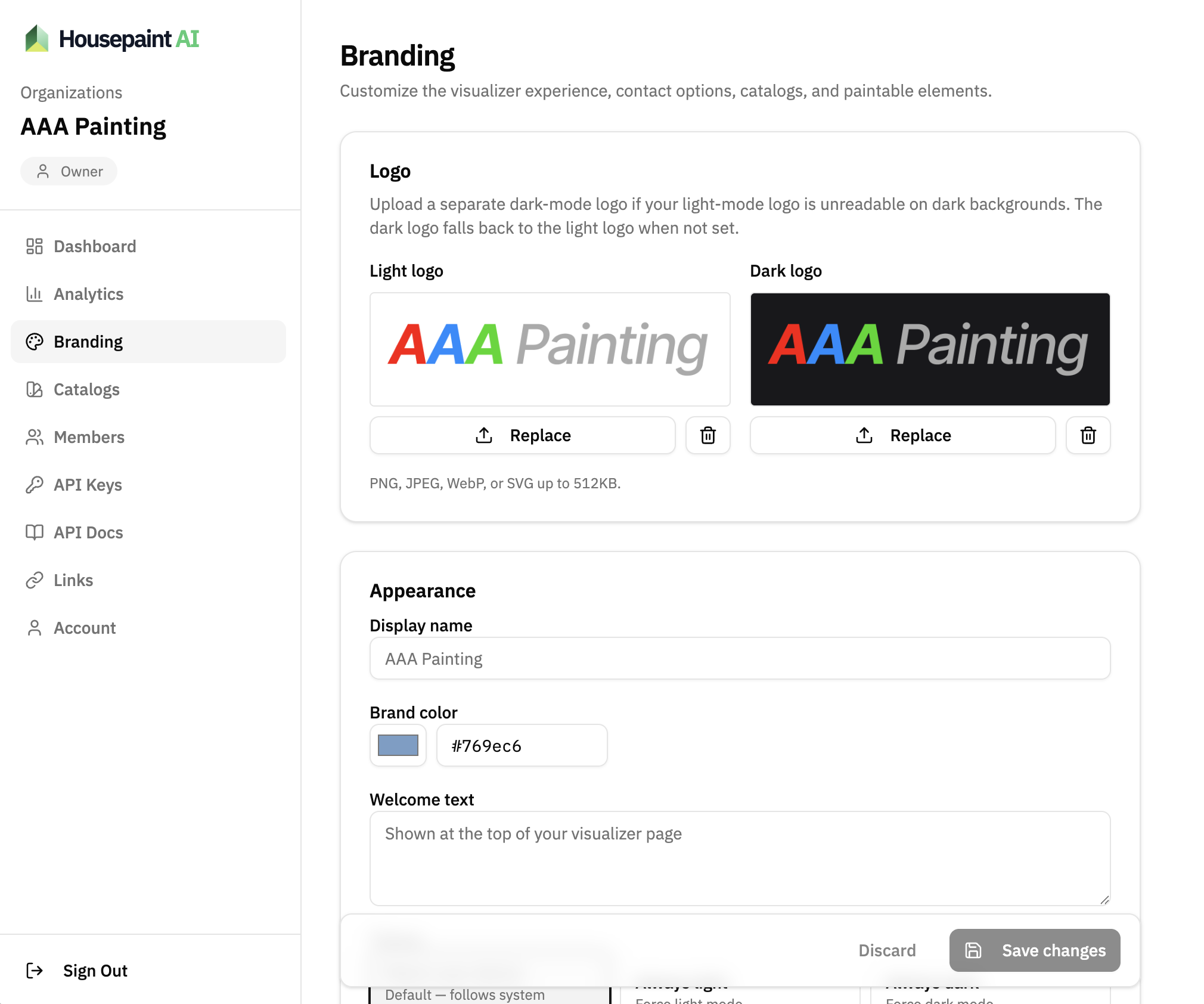 Organization dashboard showing brand color, logo, and welcome copy settings