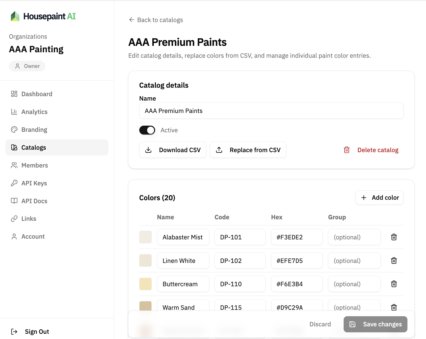 Organization dashboard showing self-serve custom paint catalogs