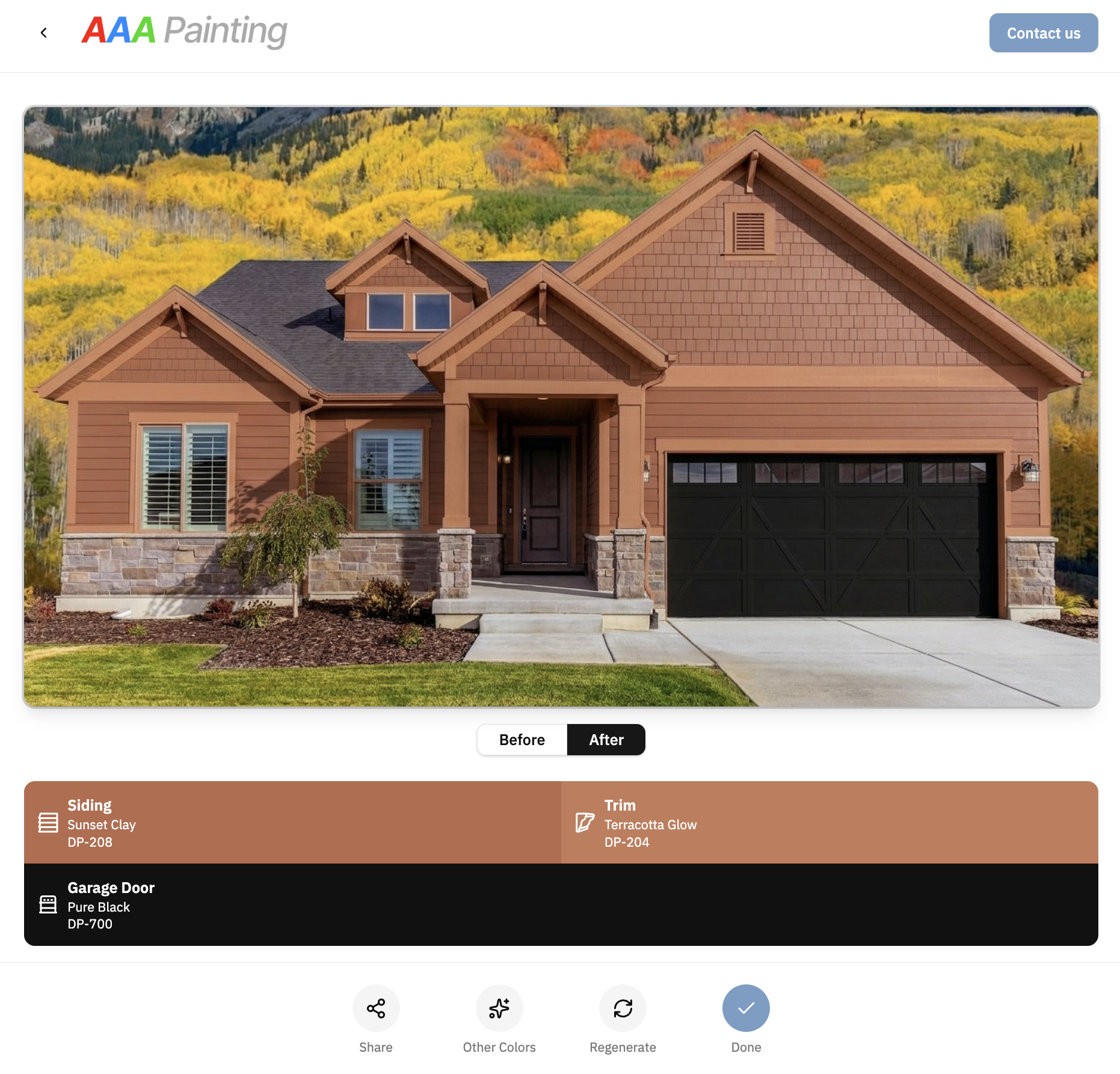 A completed AI exterior repaint inside a branded partner visualizer